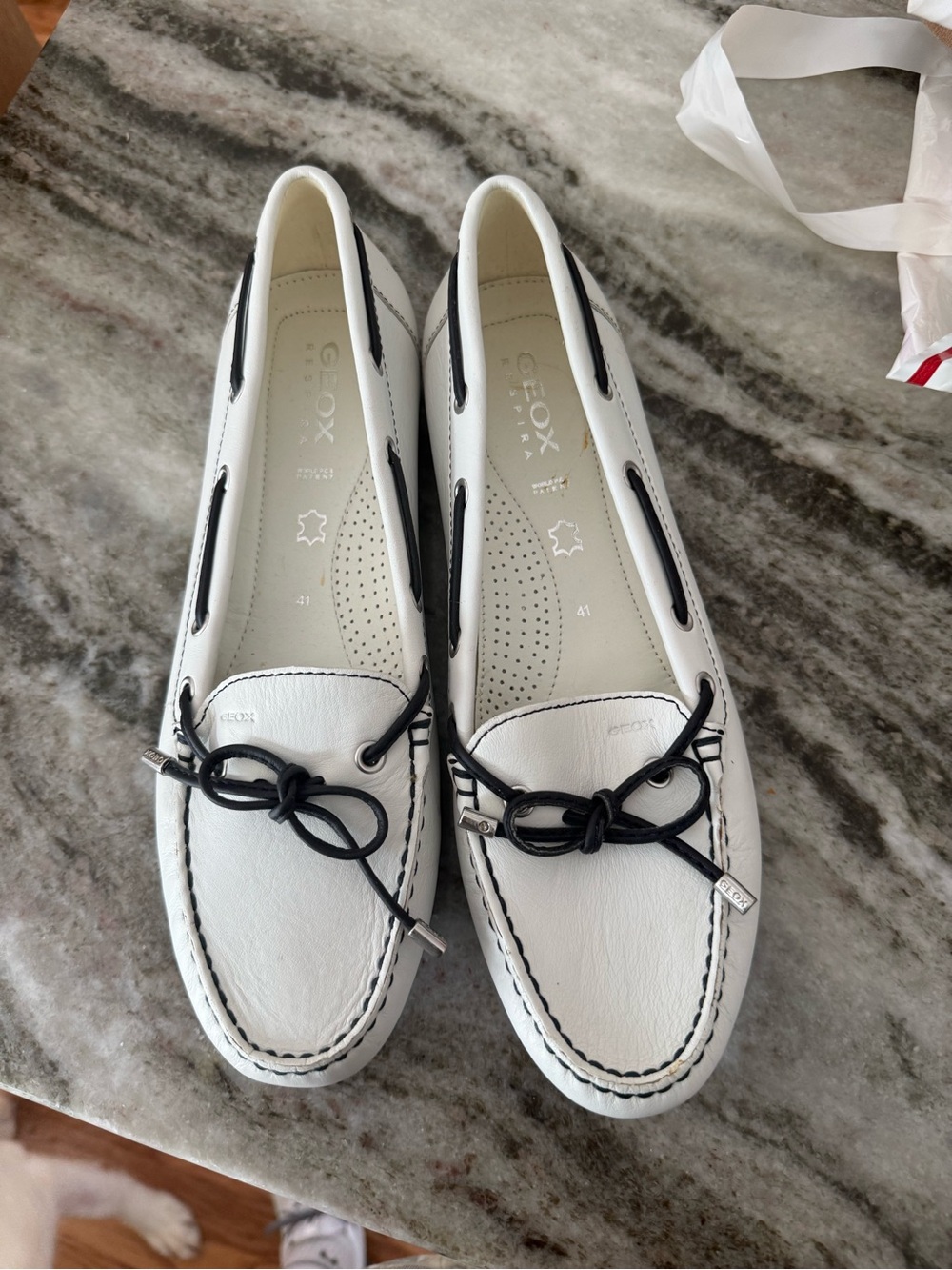 Geox White Leather Moccasins with Black Trim and Laces